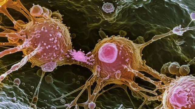 A magnified image of a natural killer NK cell releasing perforins and granzymes to induce death in a cancerous cell. The cancer cell