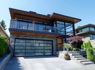 Naklejka premium Modern house with glass balcony and garage door in the city of vancouver