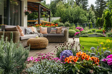 A modern patio on a sunny summer day, complete with comfortable seating and a dining area.