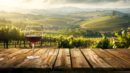 A glass of red wine is on a wooden table in front of a beautiful vineyard. The scene is serene and...