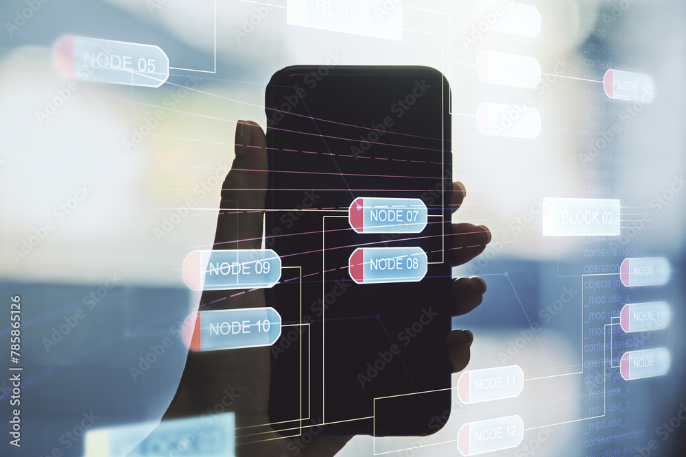 Fototapete double exposure of abstract programming language hologram and hand with cell phone on background, re
