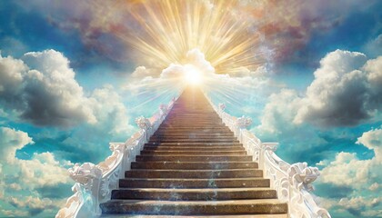 Wallpaper texted Stairway to paradise in a spiritual concept. Stairway to light in spiritual fantasy and clouds - obrazy, fototapety, plakaty