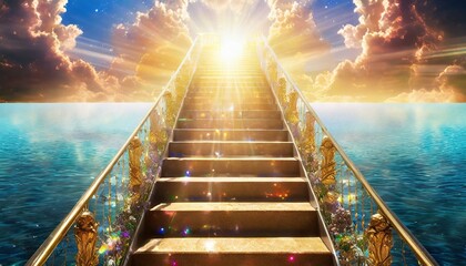 Wallpaper texted Stairway to paradise in a spiritual concept. Stairway to light in spiritual fantasy and clouds - obrazy, fototapety, plakaty