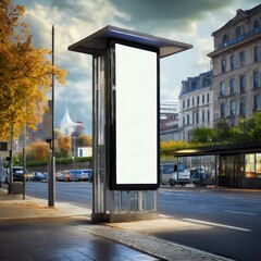 billboard in the city,An empty urban environment with a vertical white billboard towering over a bus stop, ready to display captivating advertisements.