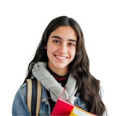 Fototapeta premium Brunette Female College Student Carrying Books and Smile to Camera