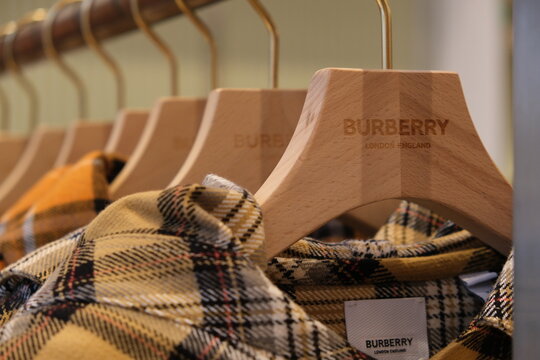 Suzhou,China-August 20th 2023: Burberry brand logo on clothes hanger