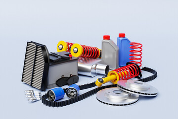 3d illustration of auto parts car shock absorber, oil canister, fuel and air filters on white...