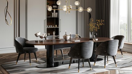 A dining area featuring matte finished furniture such as a sleek wooden dining table and velvet upholstered chairs. The lack of shine on these pieces adds a layer of subtlety to the .