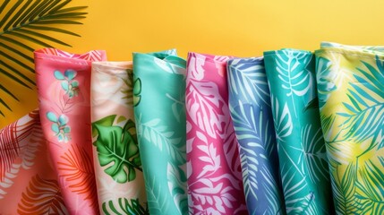 Blank mockup of tropicalinspired kitchen towels with palm leaf patterns in bright colors. .