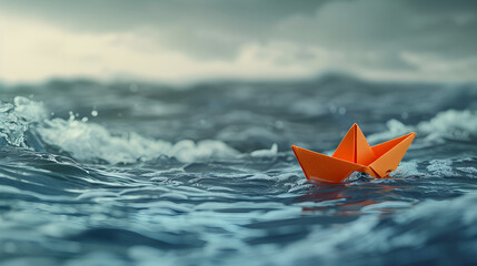  a simple paper boat floating on a lake amidst high waves new journey, challenging environment