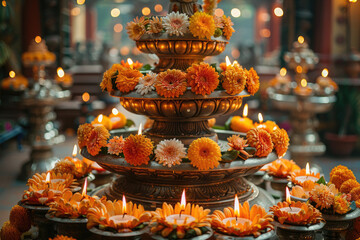 Reverent image depicting offerings made in honor of Buddha on the occasion of Buddha Purnima - obrazy, fototapety, plakaty