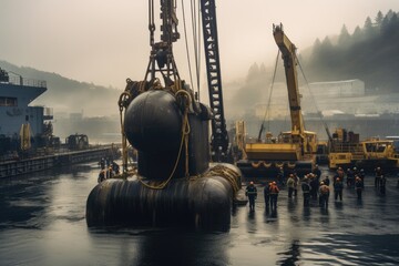 Crane Operation: Crane lifting a large section of the submarine into place. - obrazy, fototapety, plakaty