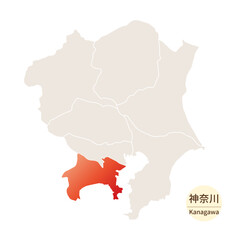神奈川県の明るく美しい地図、関東地方の中の神奈川県