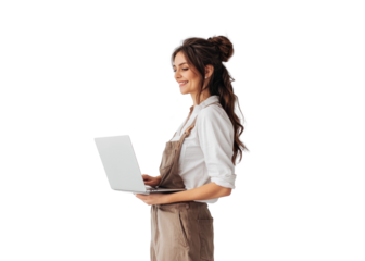 Young Woman Using Laptop on Transparent Background