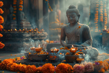 Reverent image depicting offerings made in honor of Buddha on the occasion of Buddha Purnima