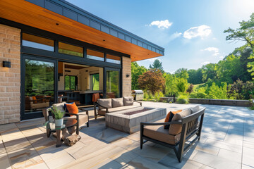 Fototapeta premium A large house with a patio area with a fire pit and a large couch