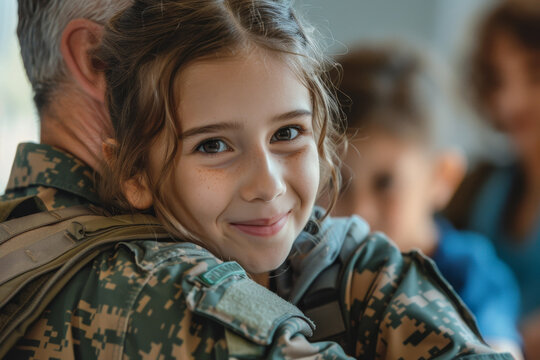 A young girl is hugging a man in a military uniform