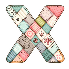A colorful patchwork letter X made out of fabric. The letter is made up of many different pieces of fabric, each with a different color and pattern. The overall effect is a playful