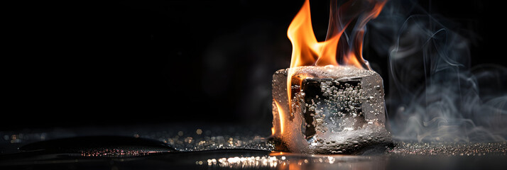 A Paradoxical Confrontation: A Burning Ice Cube Reflecting the Oxymoron 'Freezing Heat' - obrazy, fototapety, plakaty
