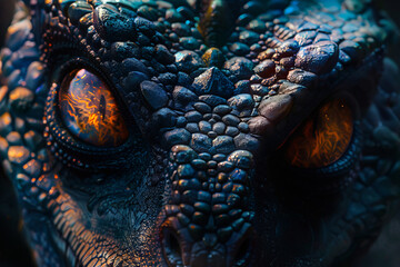 A close up of a dragon's face with glowing eyes