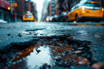 A street with a pothole and a taxi cab in the background