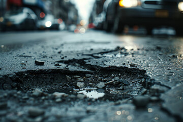 A pothole in the road with a car driving by