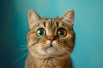 A cat with blue eyes stares at the camera