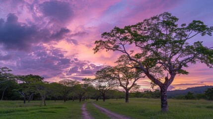 A captivating display of pastel colors paints the sky as the sun sets behind a row of Jatropha trees. The warm hues of pink and peach blend with soft purples creating a dramatic and .