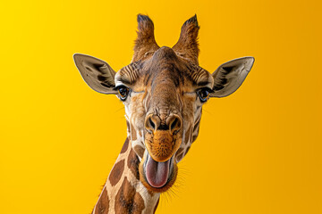A giraffe is smiling and making a funny face
