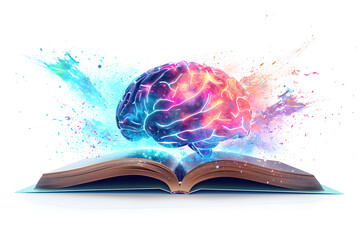 Open book with levitating glowing brain and colorful splash on white background, representing knowledge and creativity. Suitable for world book day and education-related concepts.
