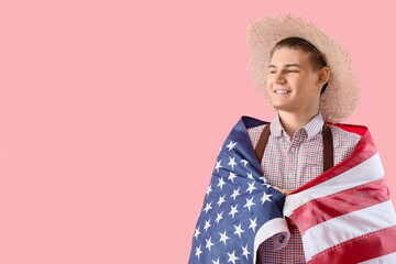 Male farmer with USA flag on pink background
