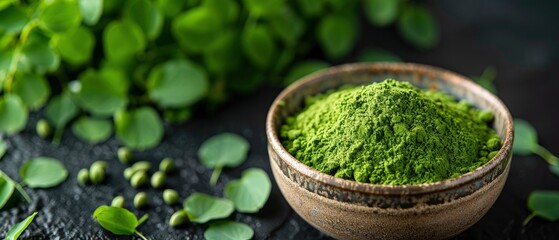  close up of green moringa powder with blurred background
