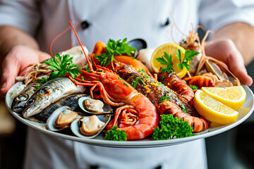 A chef is holding a plate of seafood, including shrimp, scallops