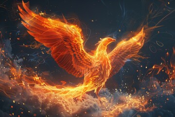 A phoenix in full resurgence, its wings ablaze with flames against a dynamic backdrop of swirling embers and smoky clouds. - obrazy, fototapety, plakaty