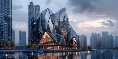 Dark glass panels are used to create the geometry and digital patterns of this luxurious office building in the middle of a closed city over the river bank - obrazy, fototapety, plakaty