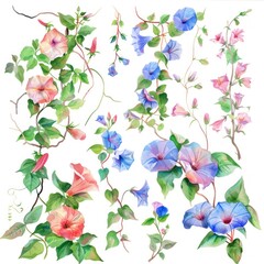 A watercolor clipart collection of flowering vines ideal for adding a natural