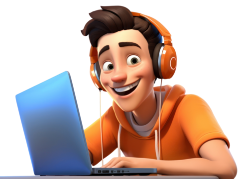 PNG Man playing game computer headphones smiling