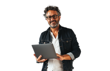 Smiling Man with Tablet on Transparent