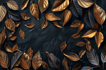 A luxurious background with a pattern of golden leaves against a black velvet backdrop, creating an abstract design that exudes opulence and grandeur - obrazy, fototapety, plakaty
