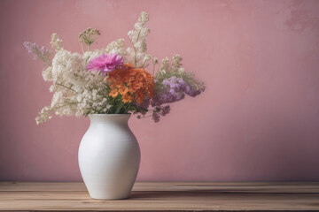 Bouquet of wild flowers in a  white vase on wood table at the left, against painted wall. Copy space on the right.