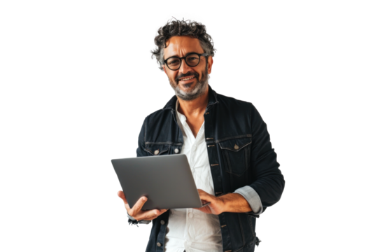 Smiling Man with Tablet on Transparent