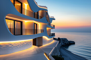 A luxurious seaside resort with an abstract design, its terraced suites offering panoramic views of...