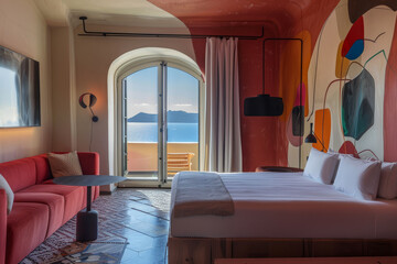 A luxurious seafront suite with an abstract design, its private balcony offering a perfect spot for watching the sunset over the sea - obrazy, fototapety, plakaty