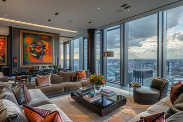 A luxury penthouse living room with floor-to-ceiling windows offering panoramic views of the city - obrazy, fototapety, plakaty