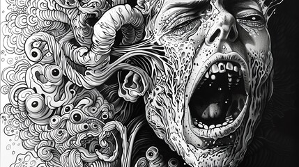 A horrifying depiction of a person screaming in agony, their face twisted in terror as they are surrounded by a mass of writhing tentacles and eyeballs. - obrazy, fototapety, plakaty