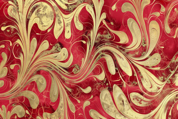 A luxury wallpaper pattern with a swirling design of ruby and gold, creating an abstract motif that is both vibrant and opulent