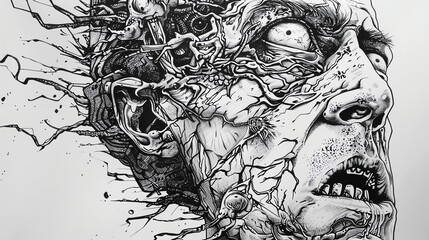 A pencil drawing of a skull with a brain exposed and wires coming out of the brain.