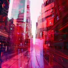 A photo of a city street with skyscrapers, taken from a low angle with a fisheye lens. The image is in pink and purple colors. - obrazy, fototapety, plakaty