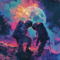 Astronauts in spacesuits exploring an alien planet with a beautiful nebula and moon in the background. - obrazy, fototapety, plakaty