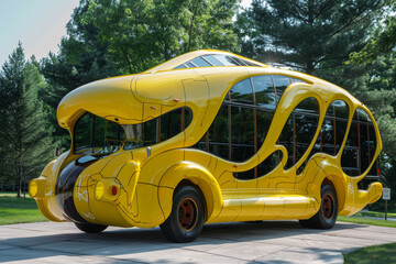 A school bus with an abstract design, its bright yellow color and unique shape symbolizing transportation and access to education